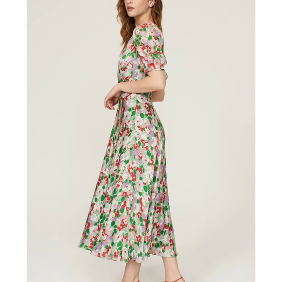 L.K. Bennett Green Floral Silk Midi Dress SIZE 12 Satin Romantic Designer $825 - Picture 3 of 10